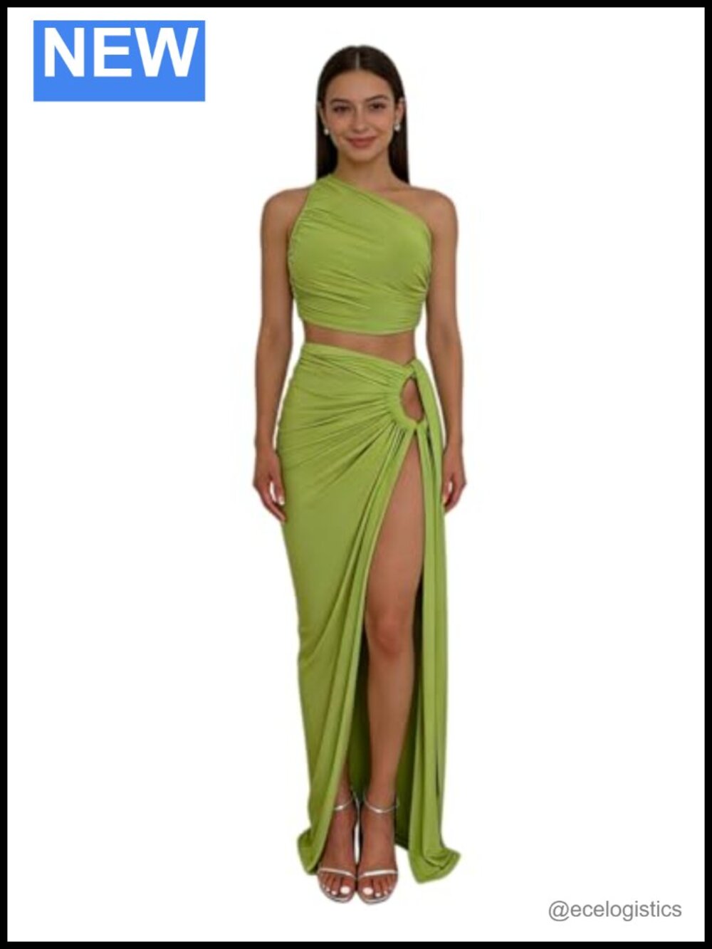 Sexy 2 Piece Skirt Set One Shoulder Crop Top High Slit Maxi Skirt Vacation